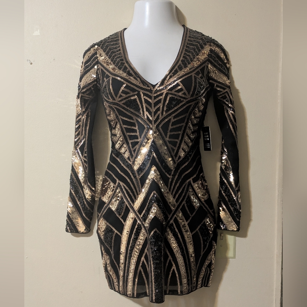 Express Black Long Sleeve Sequin Bodycon Dress with Gold Accents